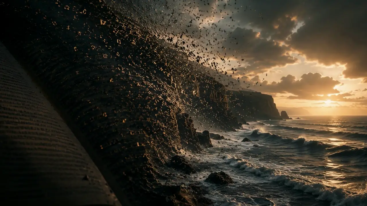 The pages of a giant book breaking into letters over a stormy sea at sunset