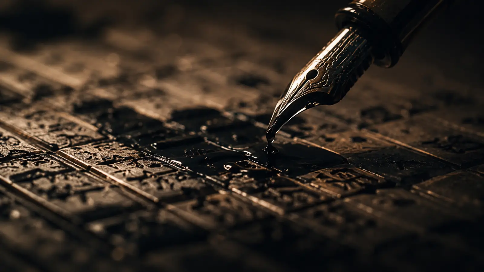 A fountain pen nib touching ink to letterpress type