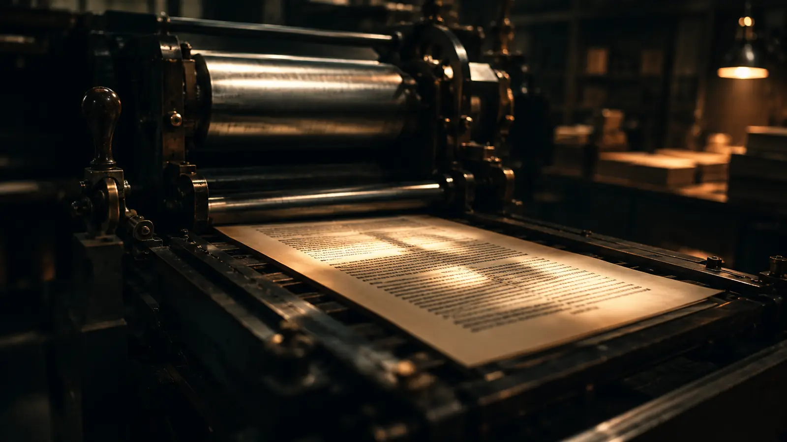 A freshly printed page emerging from a letterpress under lamplight